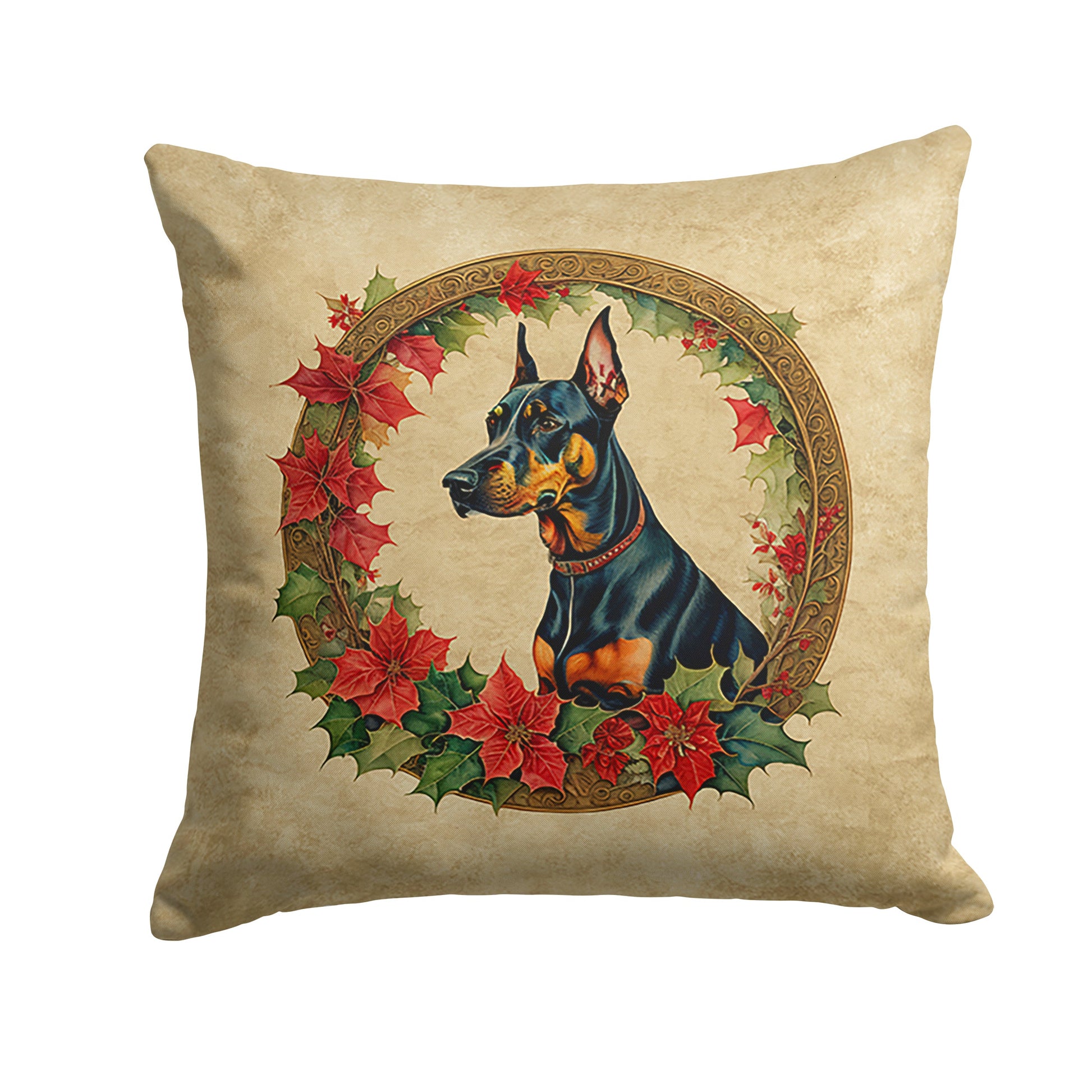 Doberman Pinscher Christmas Flowers Throw Pillow-0