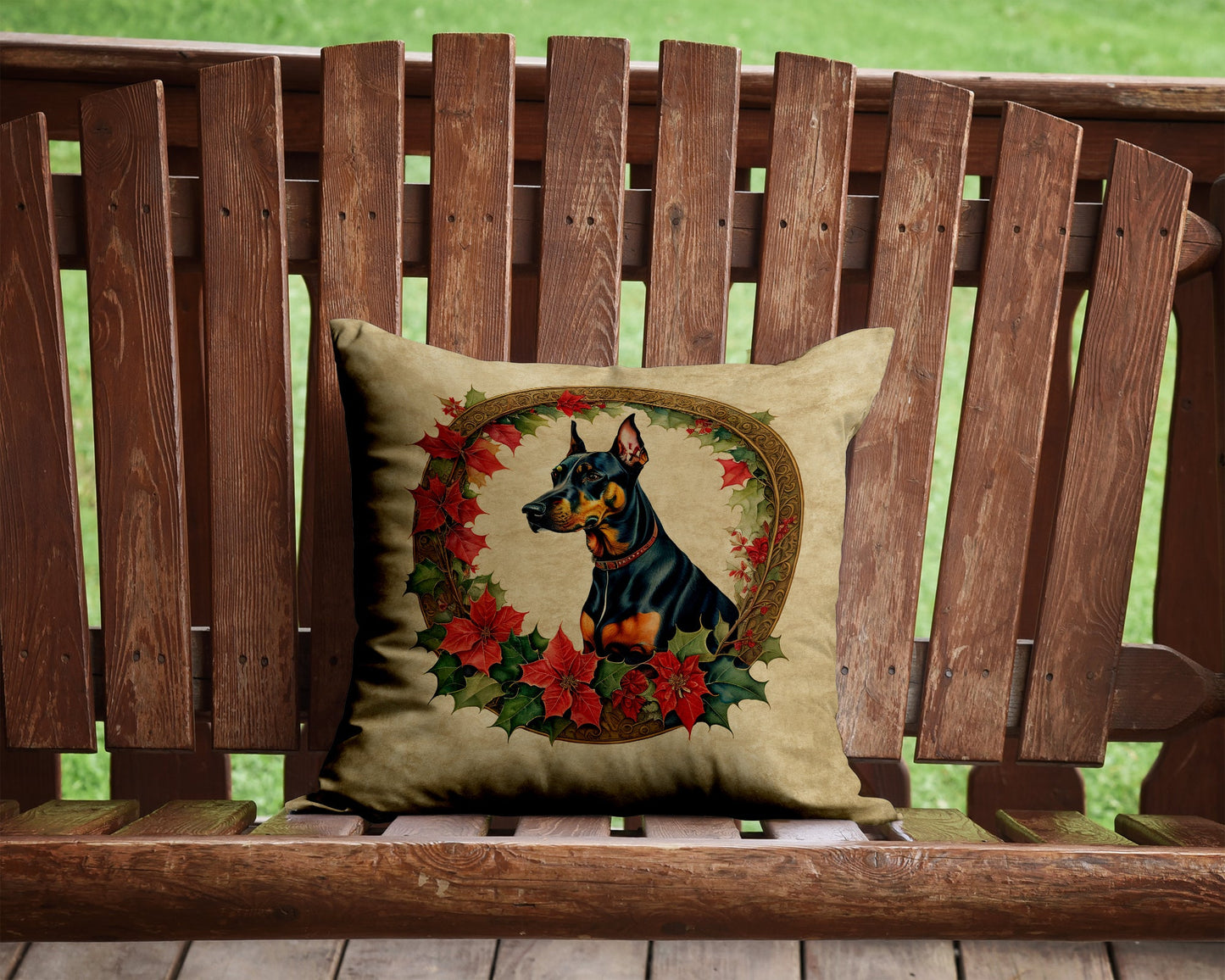 Doberman Pinscher Christmas Flowers Throw Pillow-1