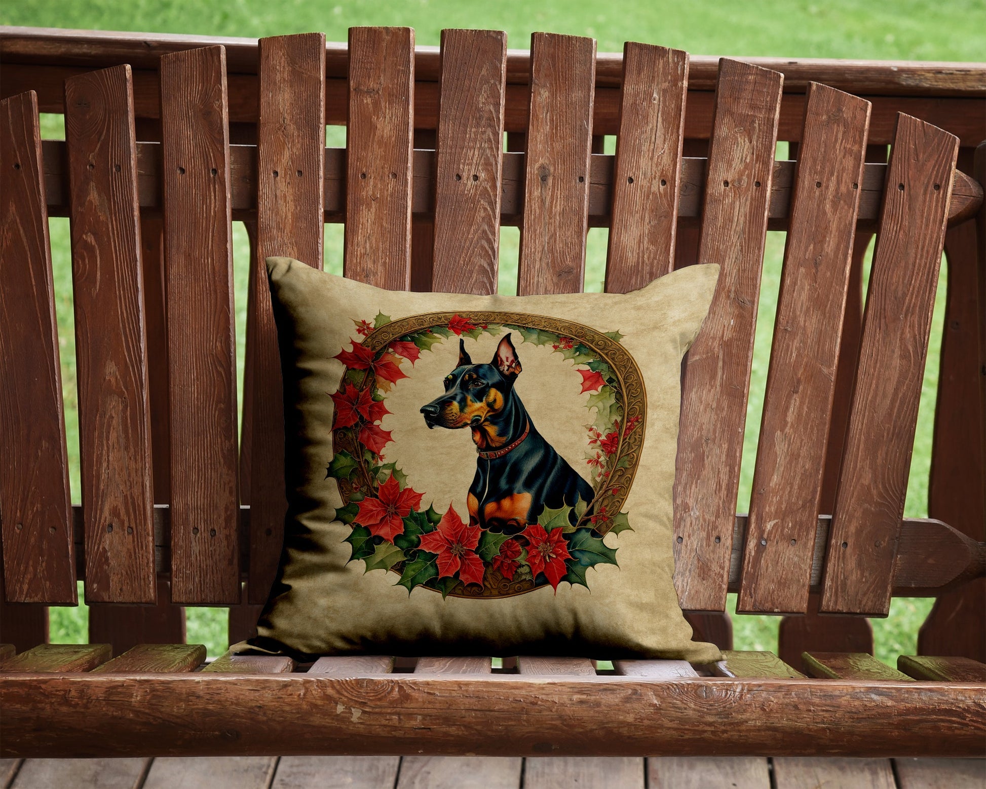 Doberman Pinscher Christmas Flowers Throw Pillow-1