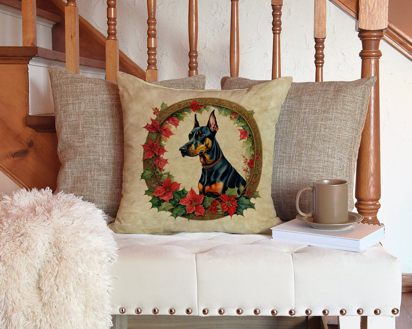 Doberman Pinscher Christmas Flowers Throw Pillow-2
