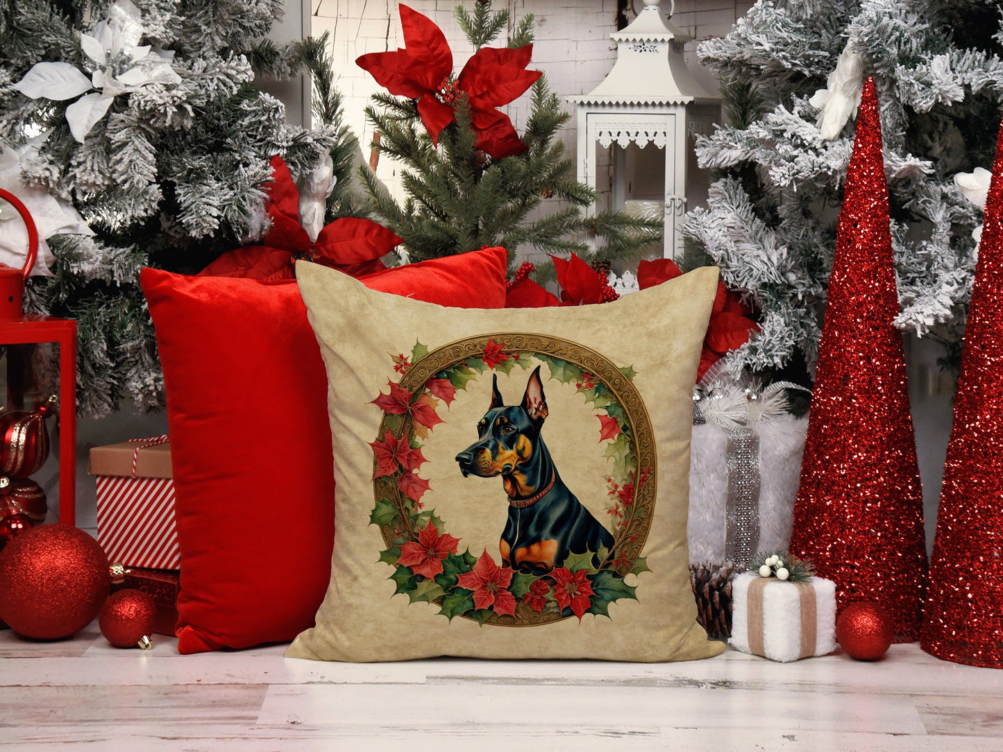 Doberman Pinscher Christmas Flowers Throw Pillow-4