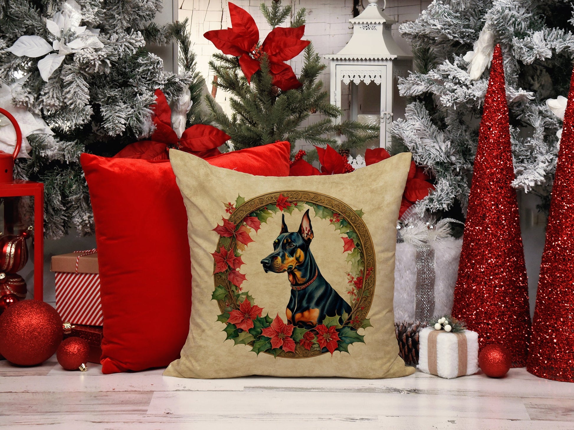 Doberman Pinscher Christmas Flowers Throw Pillow-4