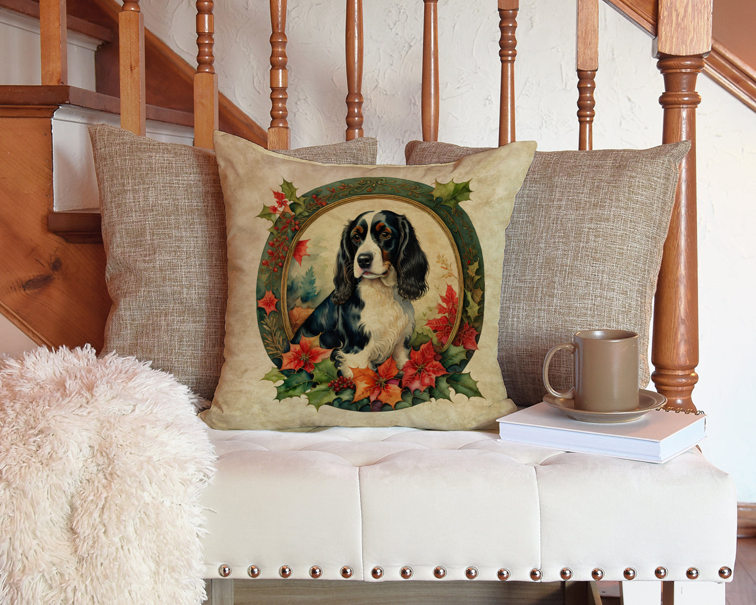 English Springer Spaniel Christmas Flowers Throw Pillow-2