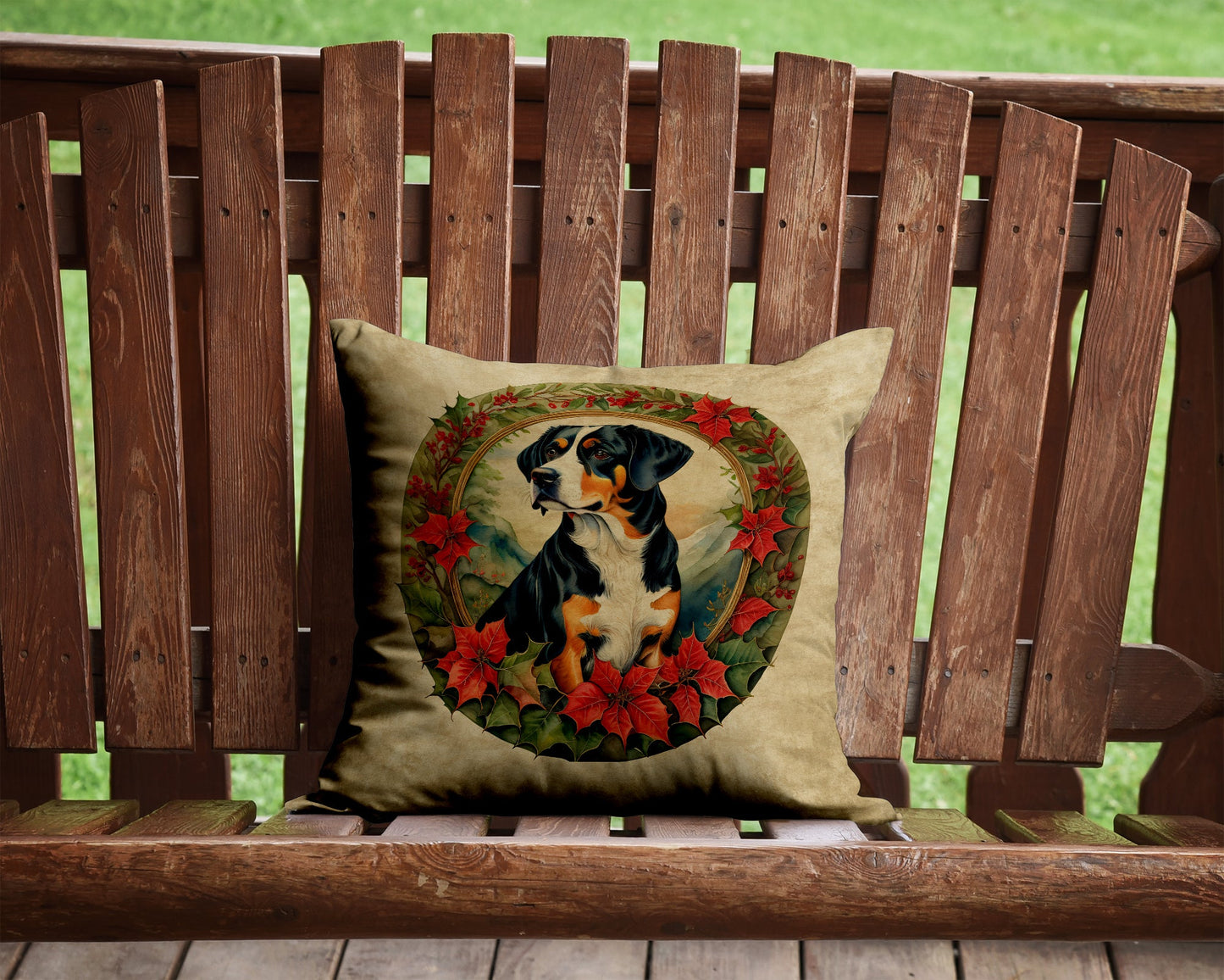 Entlebucher Mountain Dog Christmas Flowers Throw Pillow-1