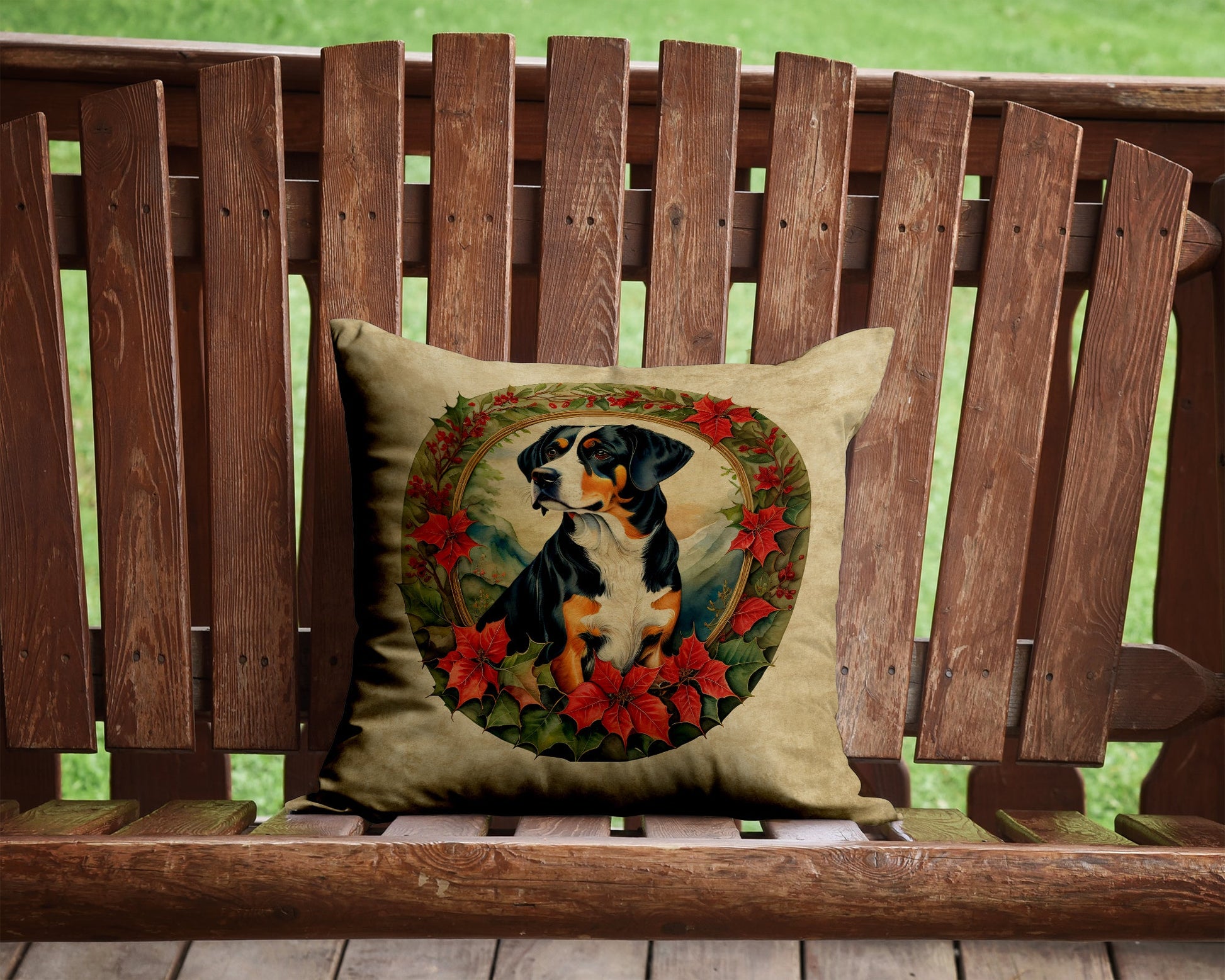 Entlebucher Mountain Dog Christmas Flowers Throw Pillow-1