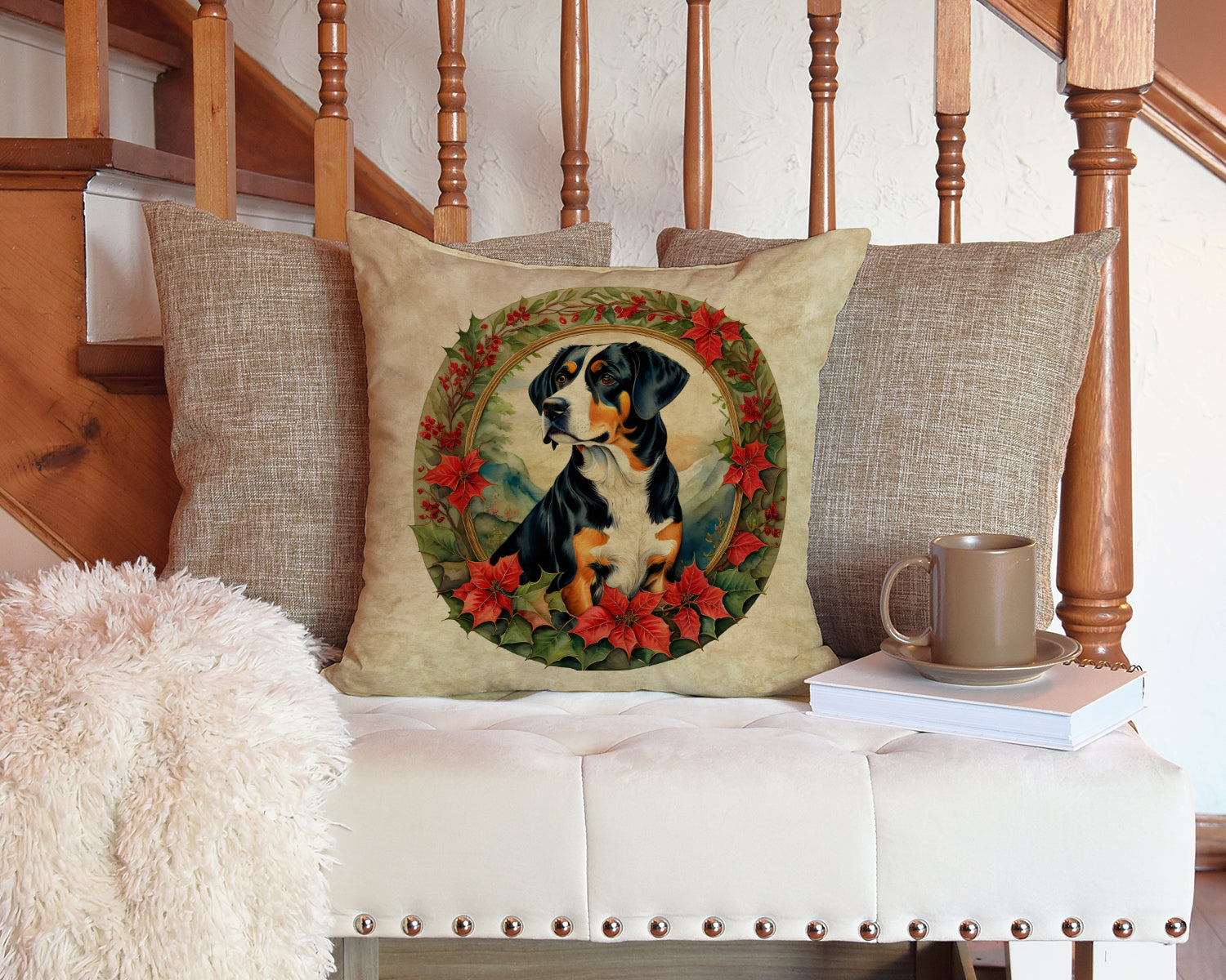 Entlebucher Mountain Dog Christmas Flowers Throw Pillow-2