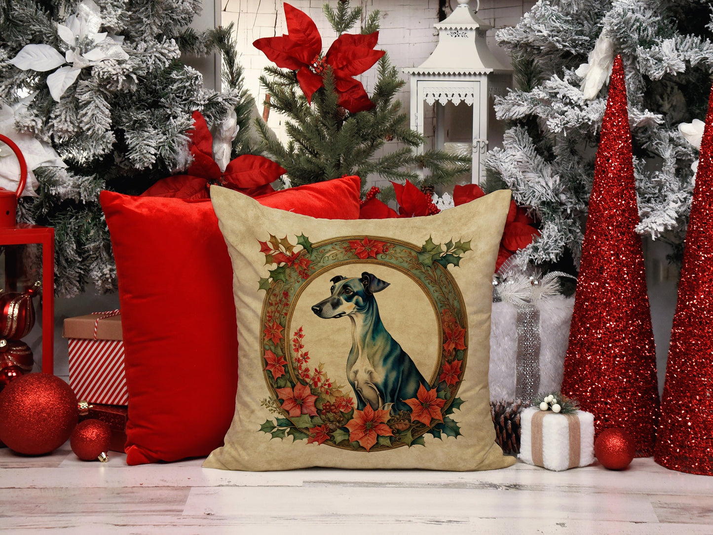 Greyhound Christmas Flowers Throw Pillow-1