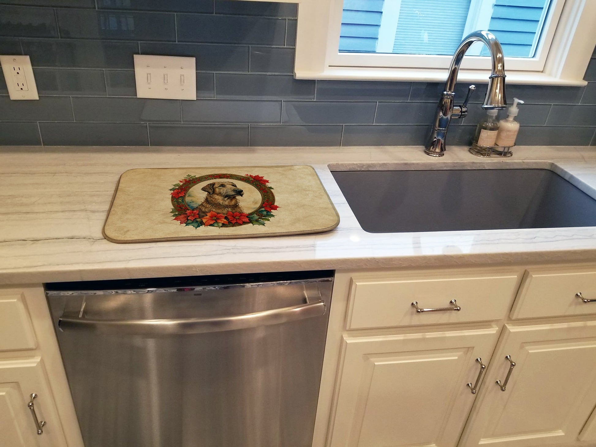 Irish Wolfhound Christmas Flowers Dish Drying Mat-2