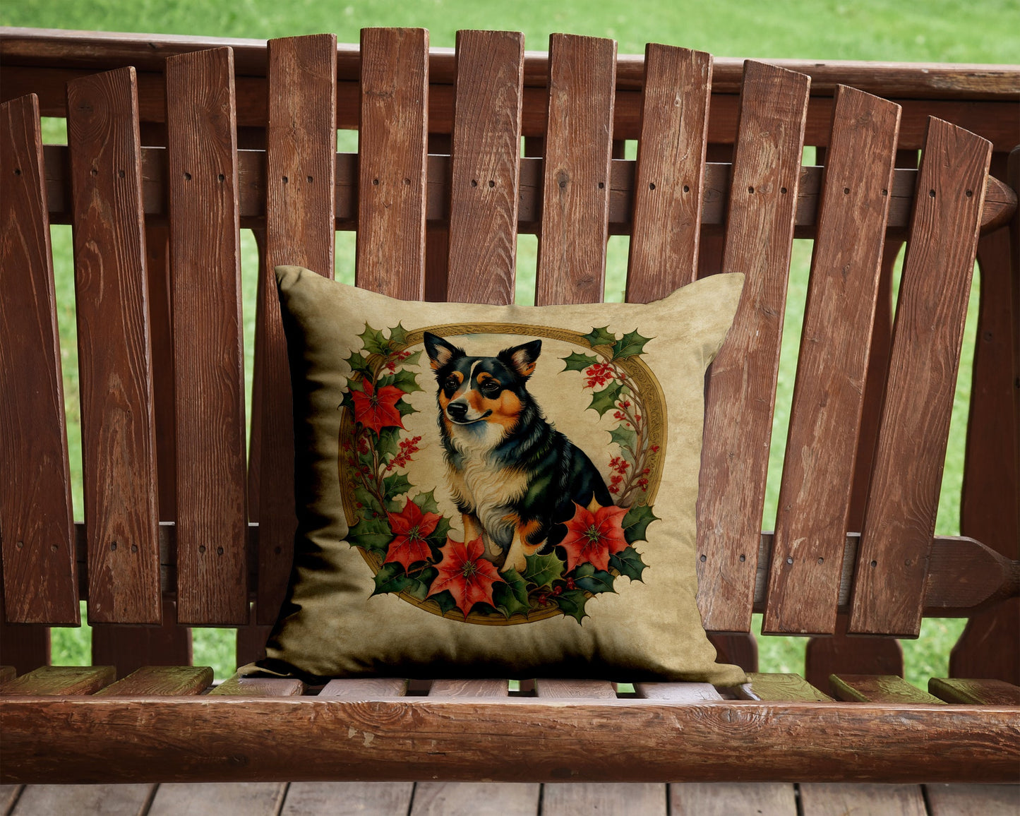 Lancashire Heeler Christmas Flowers Throw Pillow-1