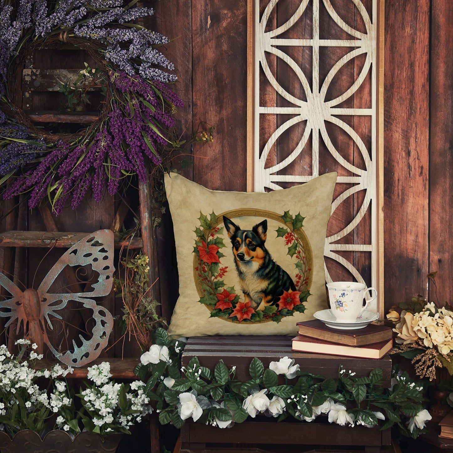 Lancashire Heeler Christmas Flowers Throw Pillow-3