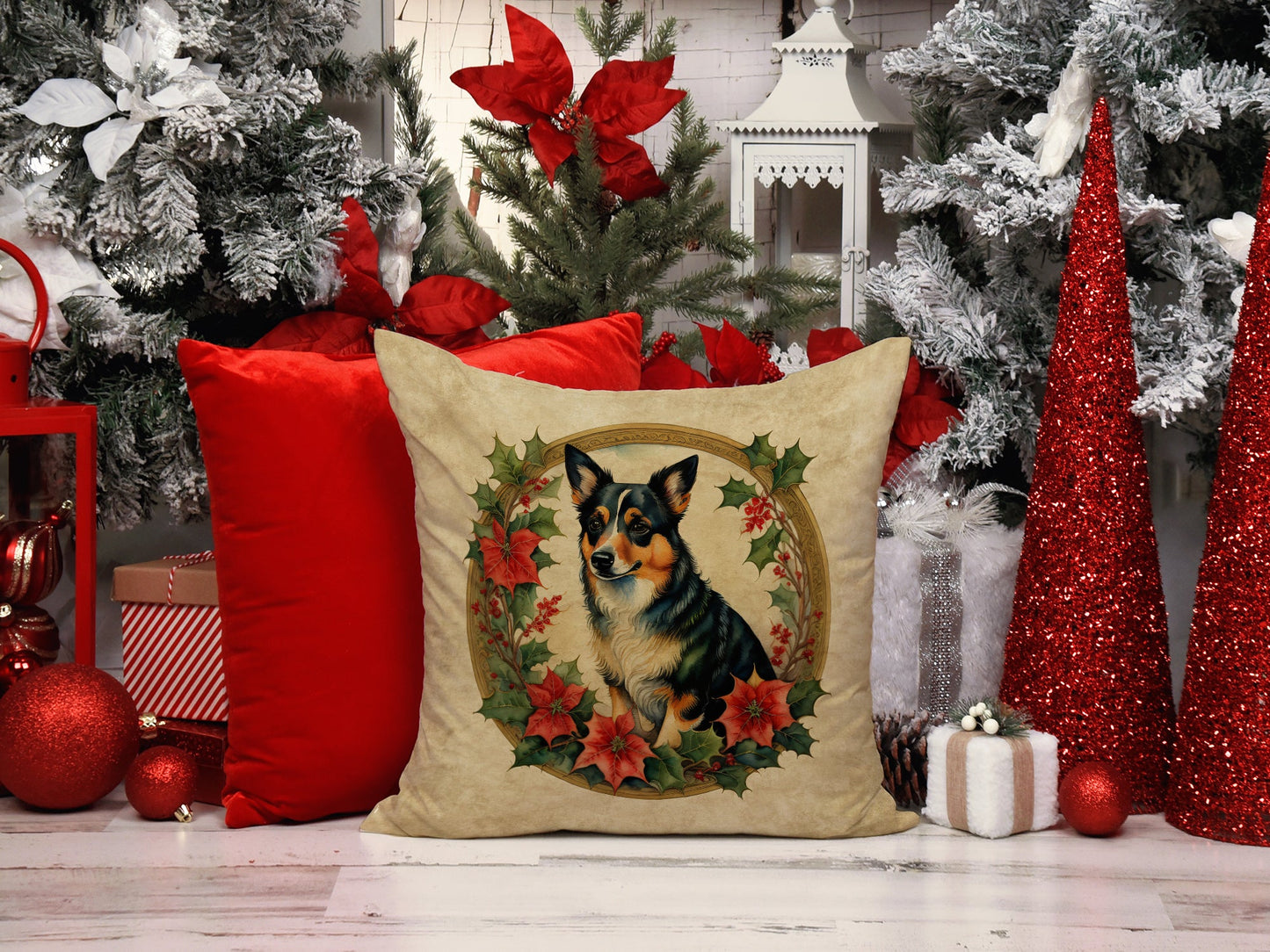Lancashire Heeler Christmas Flowers Throw Pillow-4