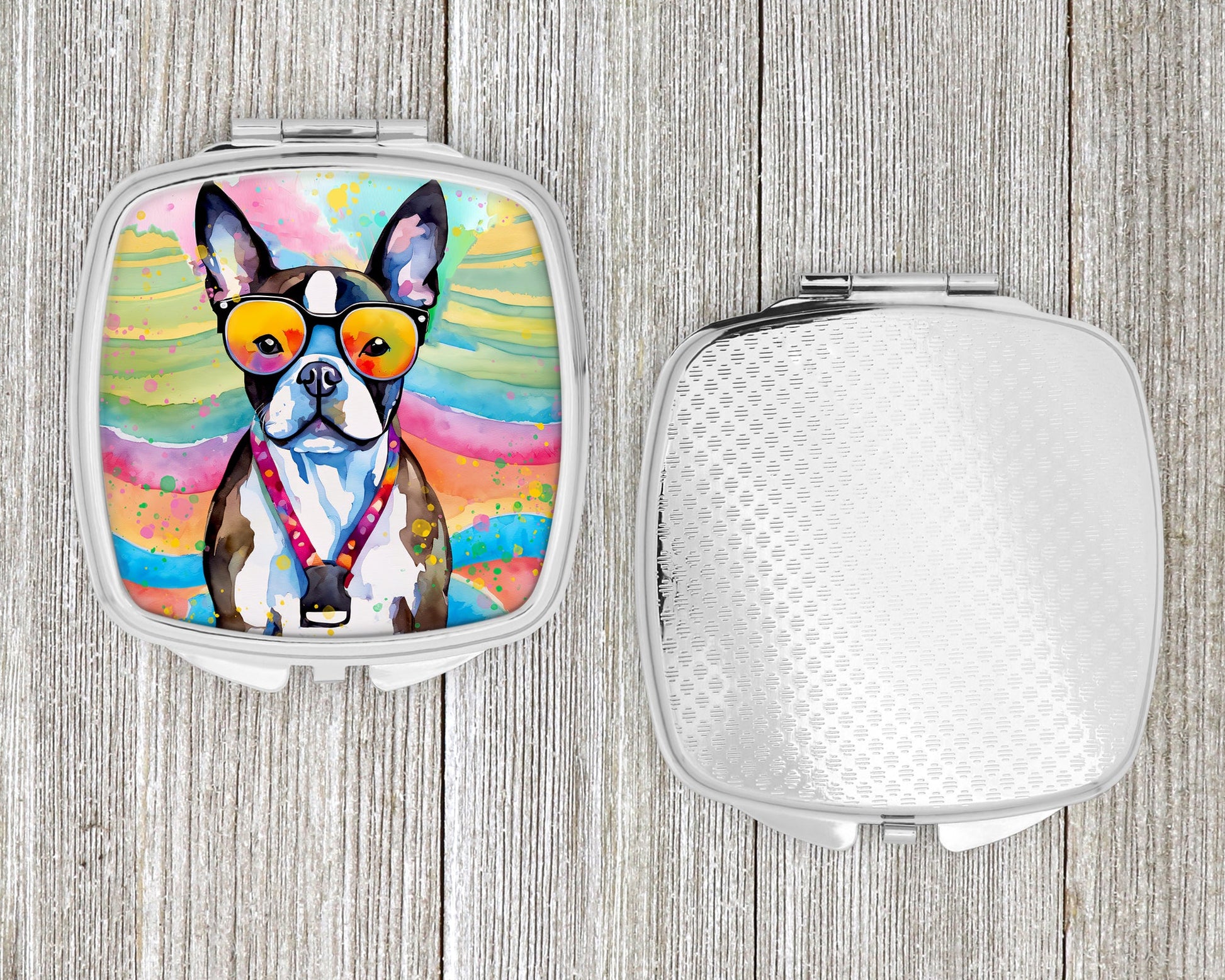 Boston Terrier Hippie Dawg Compact Mirror-3