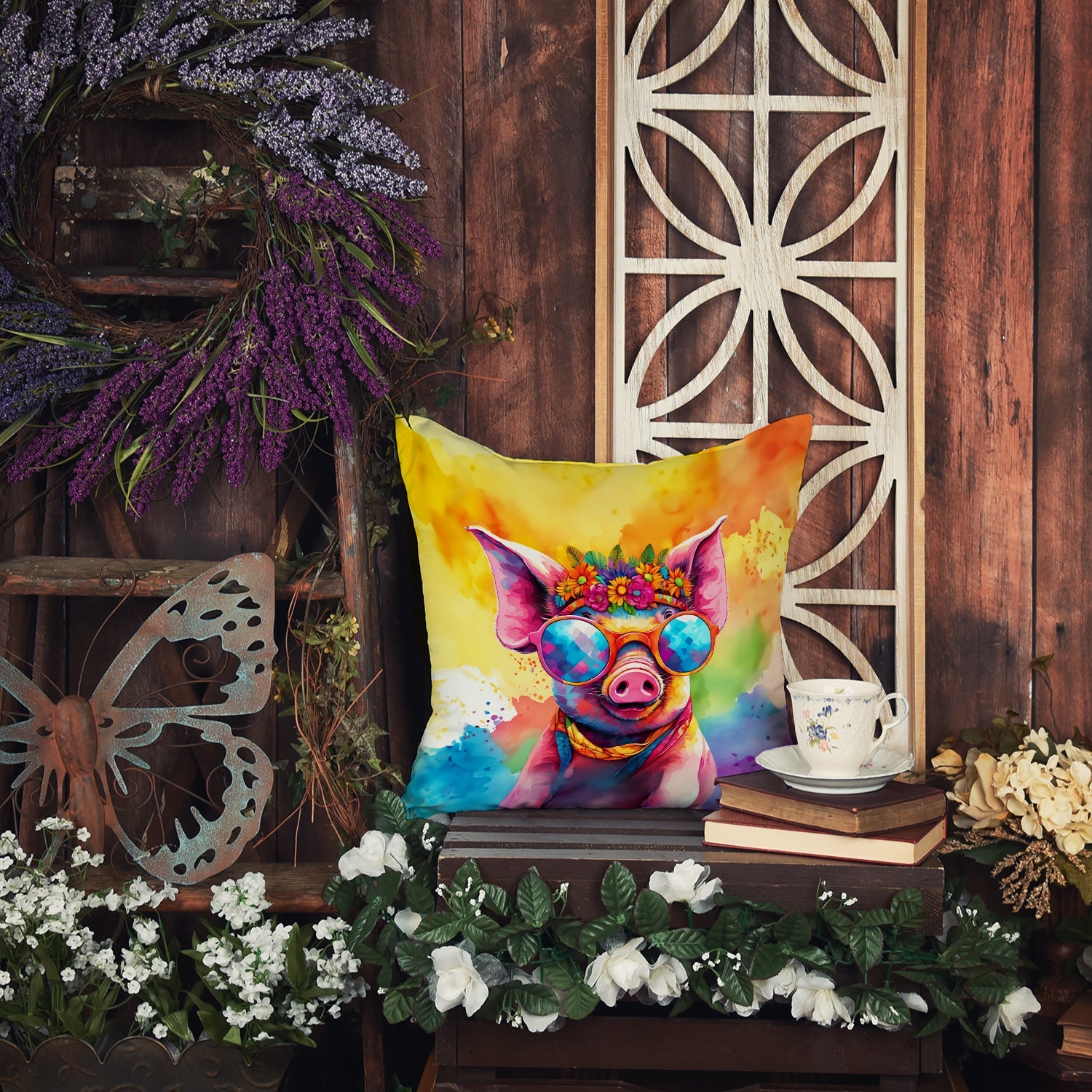 Hippie Animal Pig Throw Pillow-4