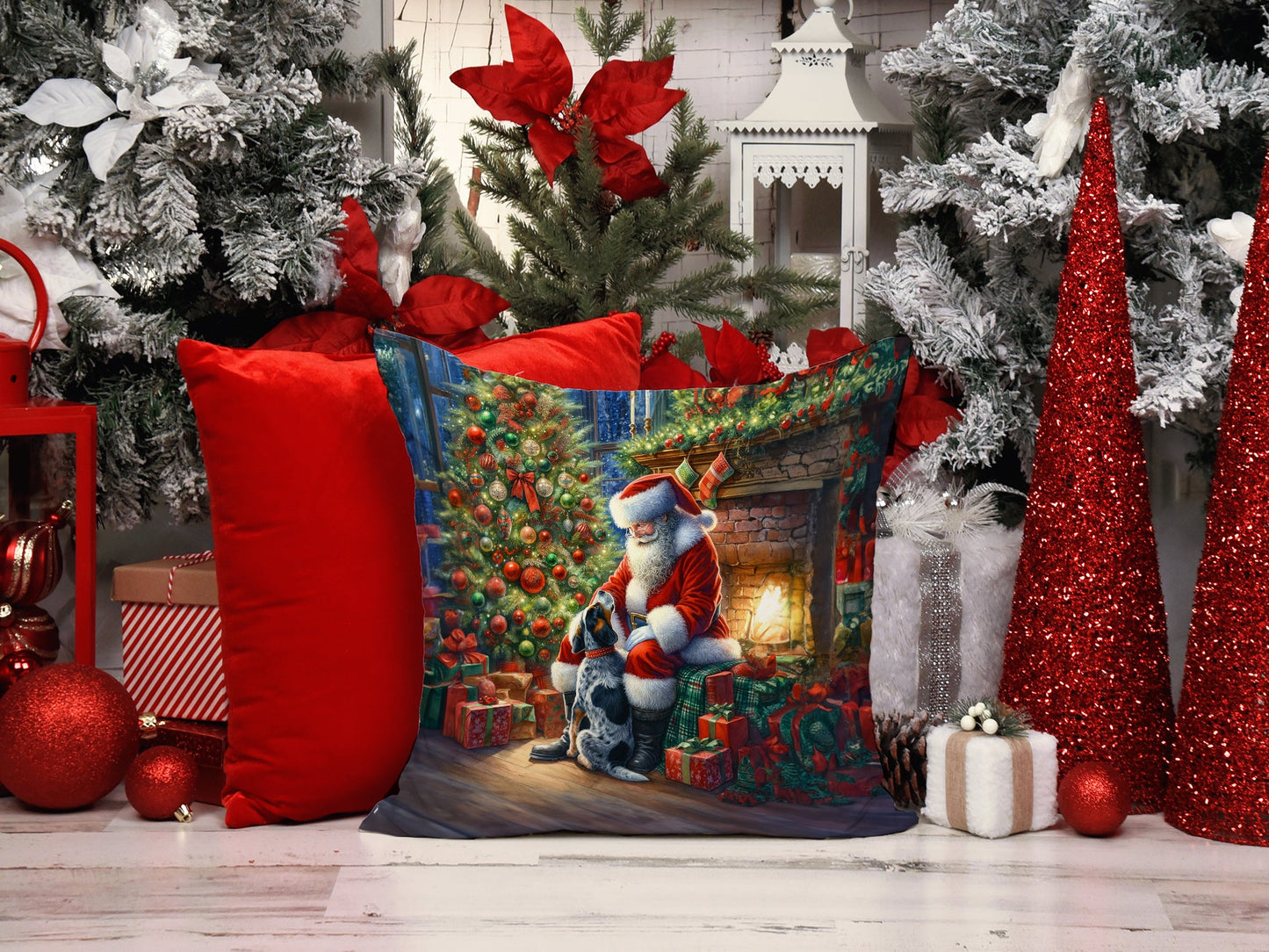 Bluetick Hound and Santa Claus Throw Pillow-1