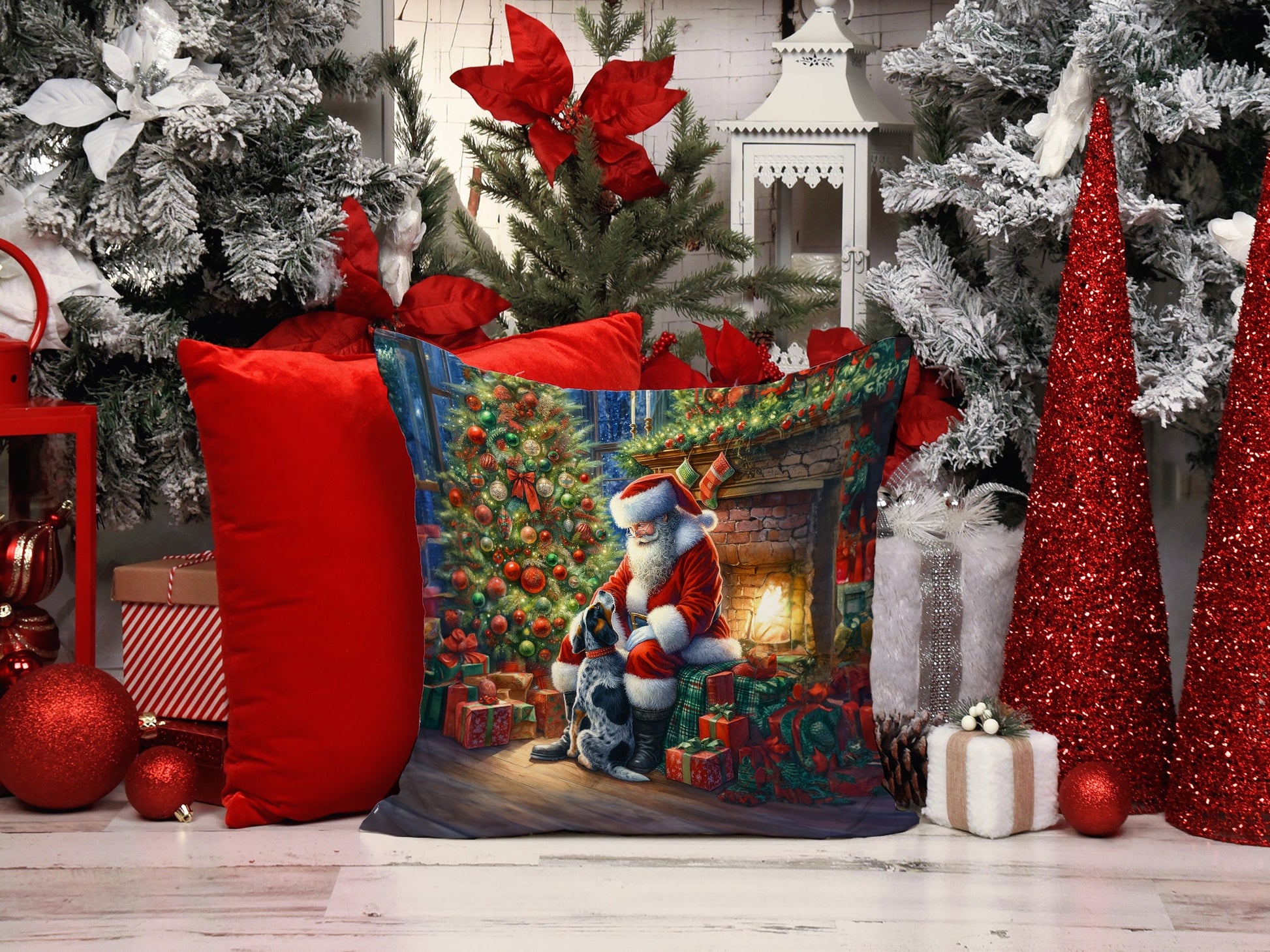 Bluetick Hound and Santa Claus Throw Pillow-1