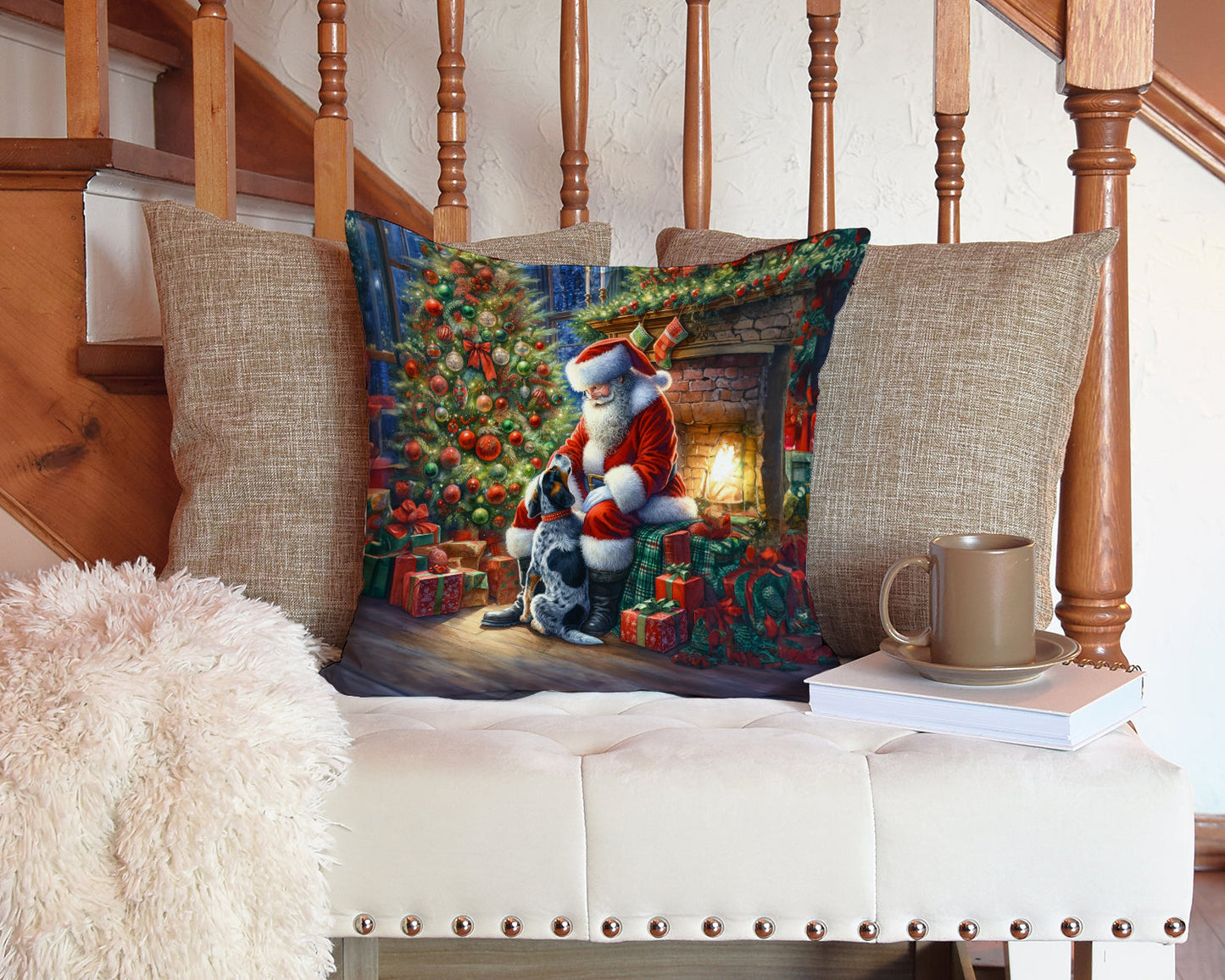 Bluetick Hound and Santa Claus Throw Pillow-2