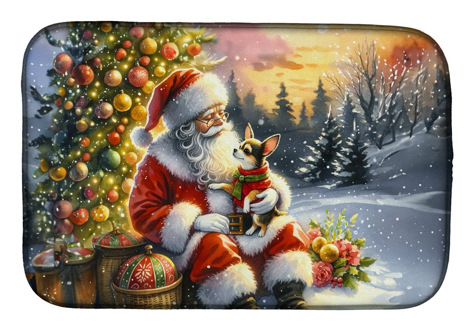 Chihuahua and Santa Claus Dish Drying Mat-0