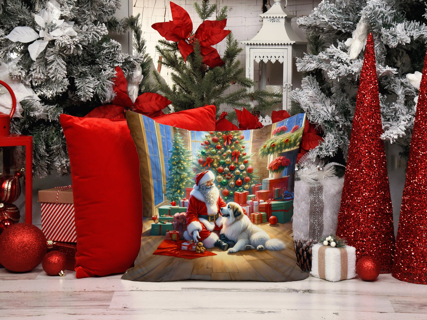 Great Pyrenees and Santa Claus Throw Pillow-1