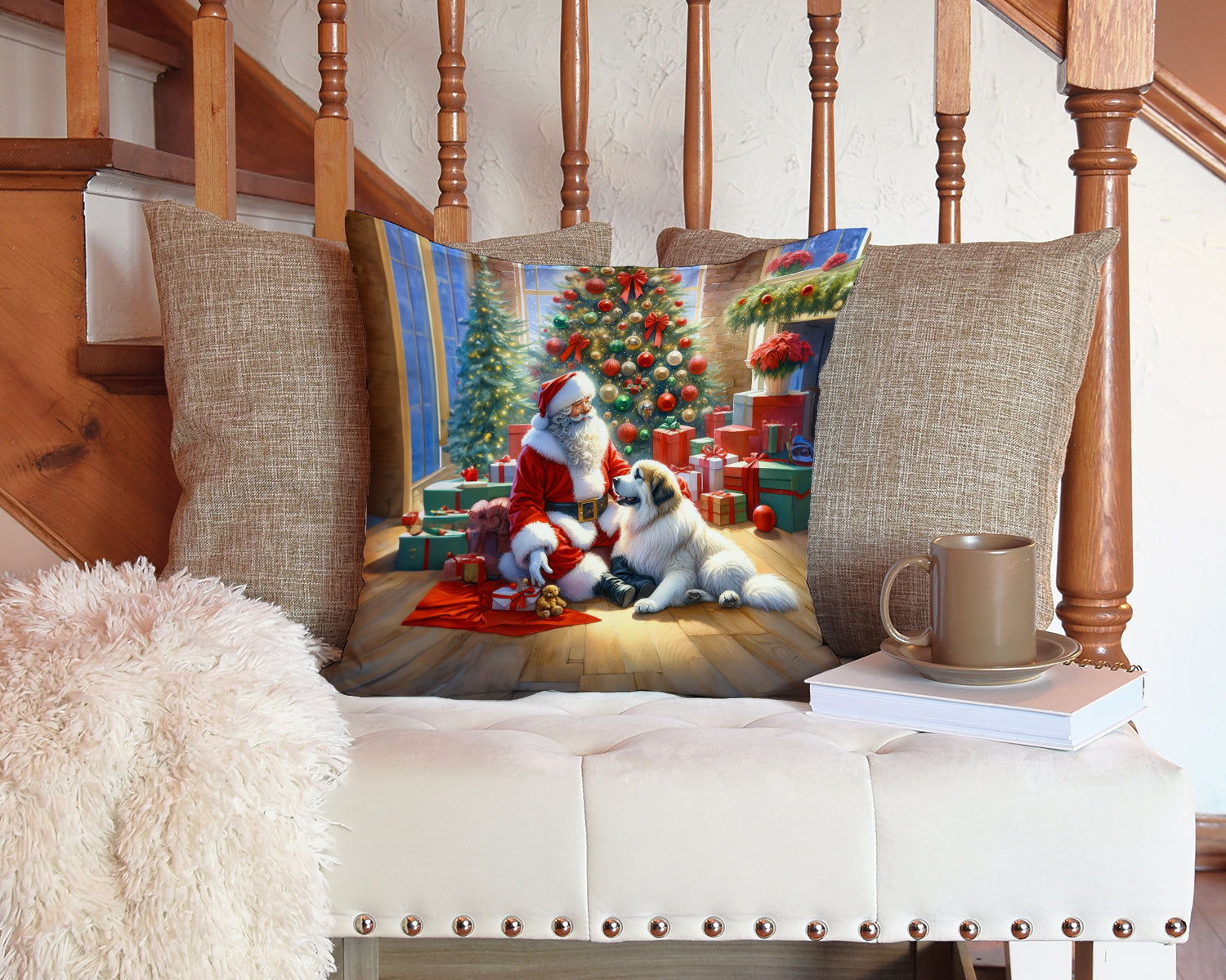 Great Pyrenees and Santa Claus Throw Pillow-2