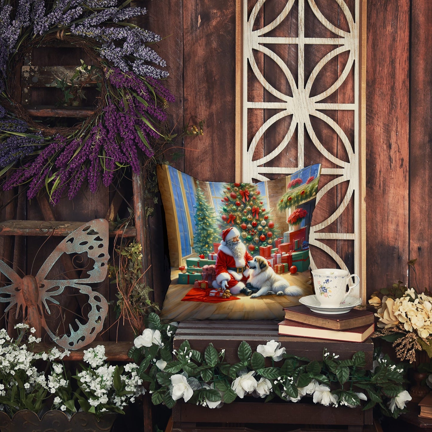 Great Pyrenees and Santa Claus Throw Pillow-4