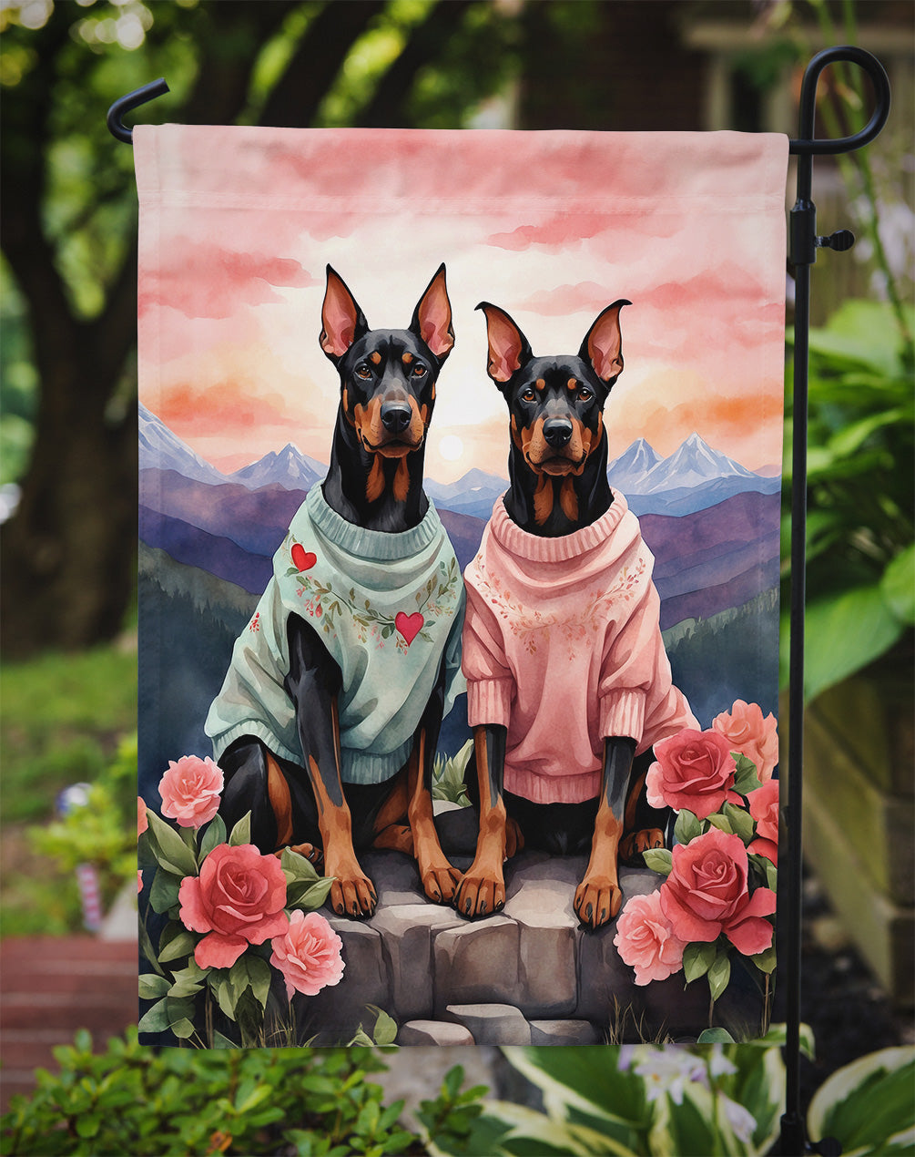 Doberman Pinscher Two Hearts Garden Flag-2