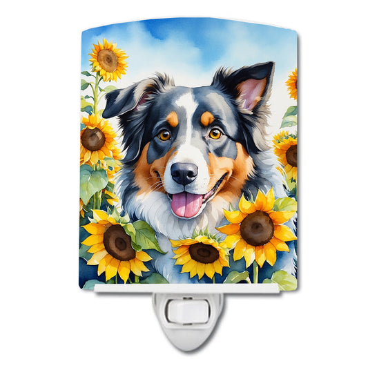Australian Shepherd in Sunflowers Ceramic Night Light-0