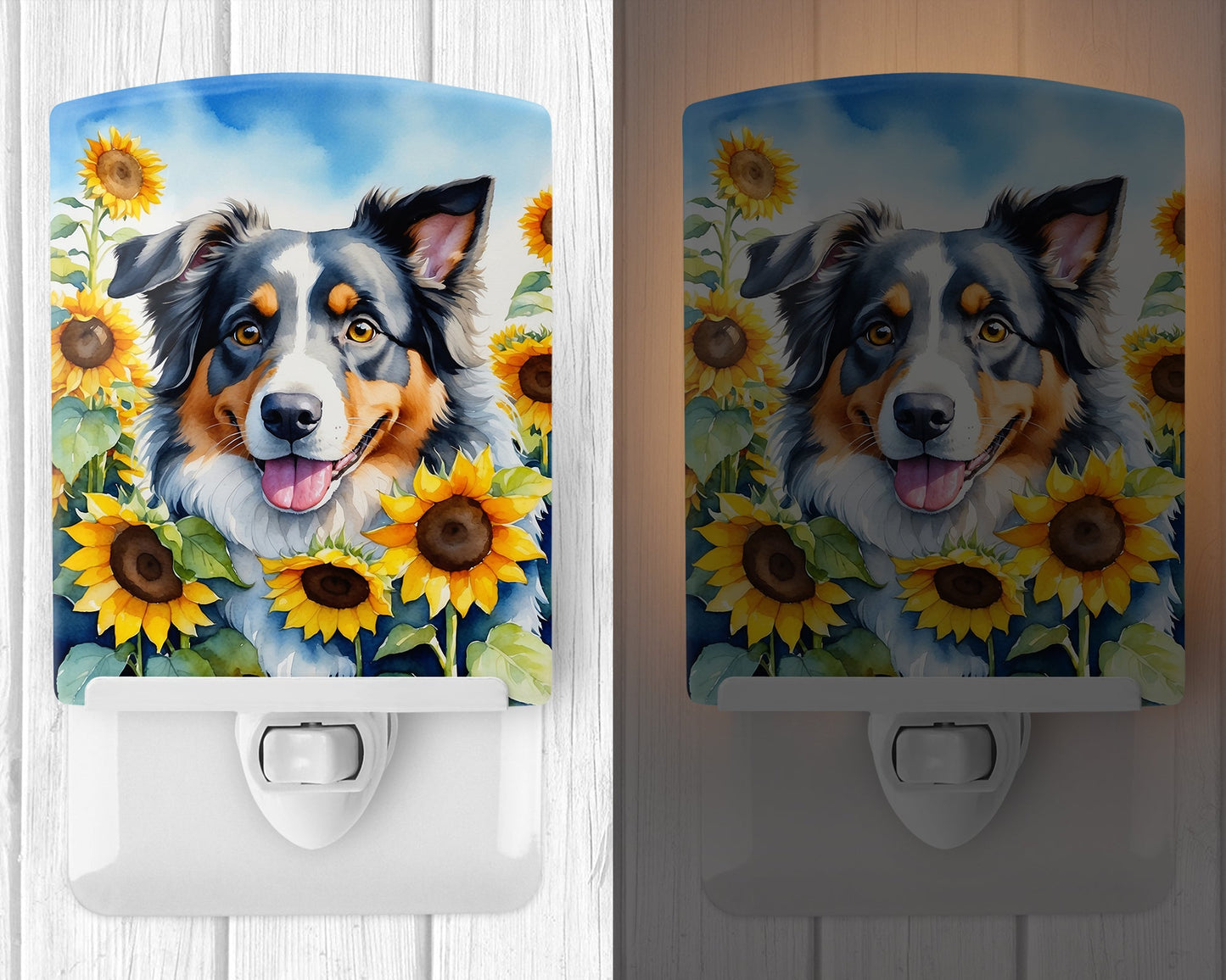 Australian Shepherd in Sunflowers Ceramic Night Light-1