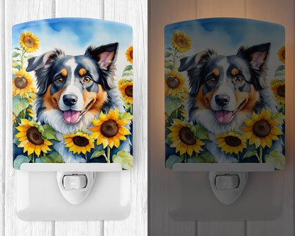 Australian Shepherd in Sunflowers Ceramic Night Light-1