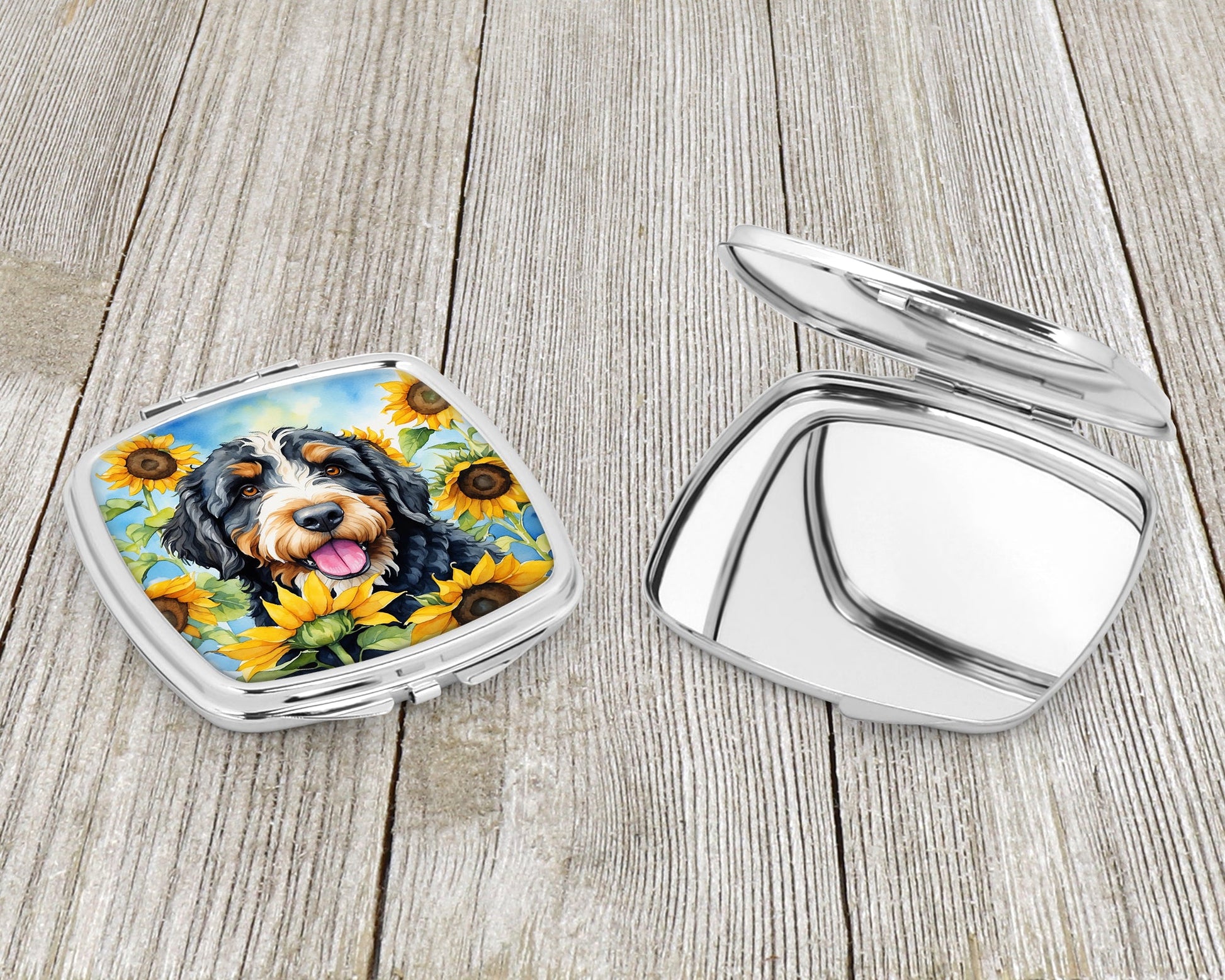 Bernedoodle in Sunflowers Compact Mirror-2
