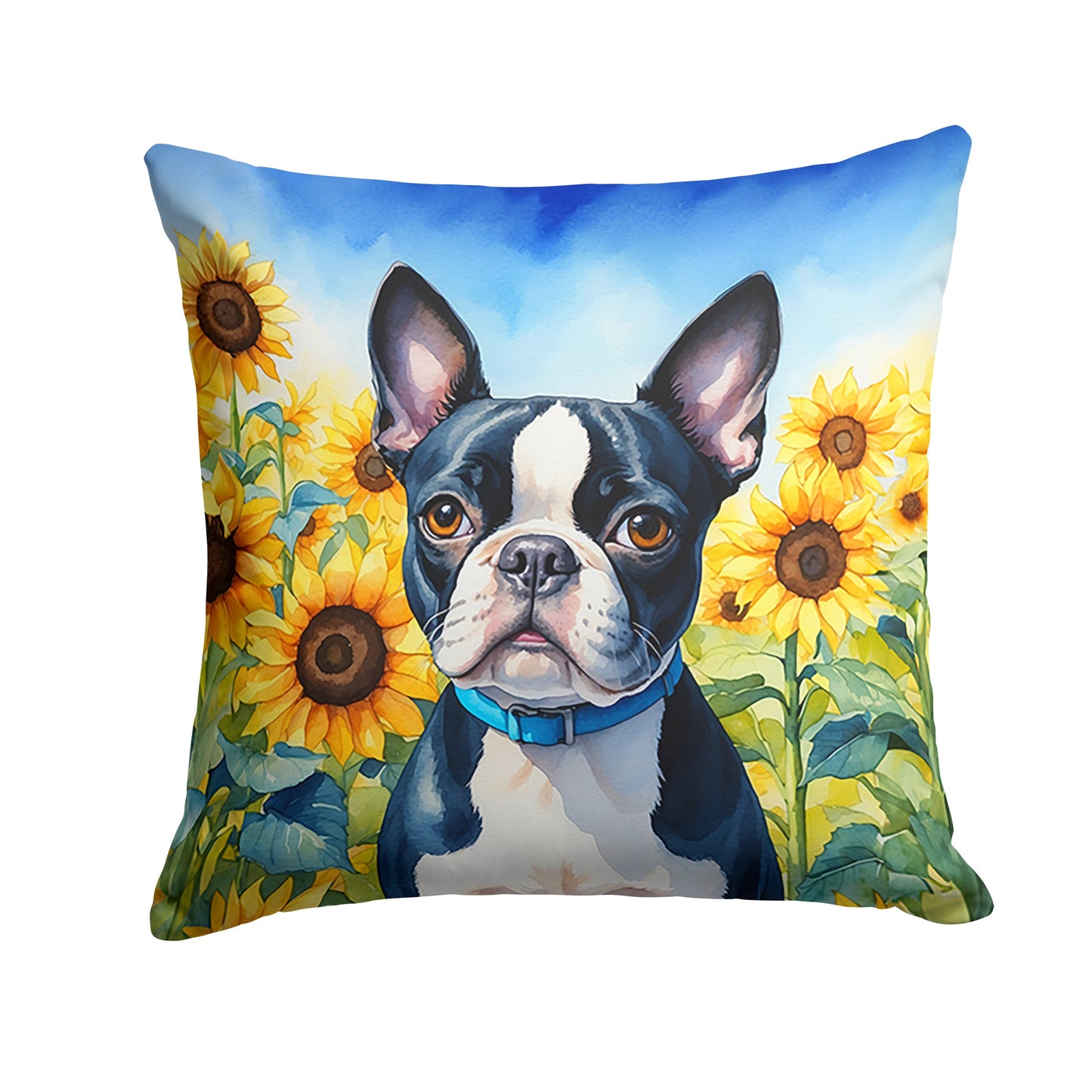 Boston Terrier in Sunflowers Throw Pillow-0