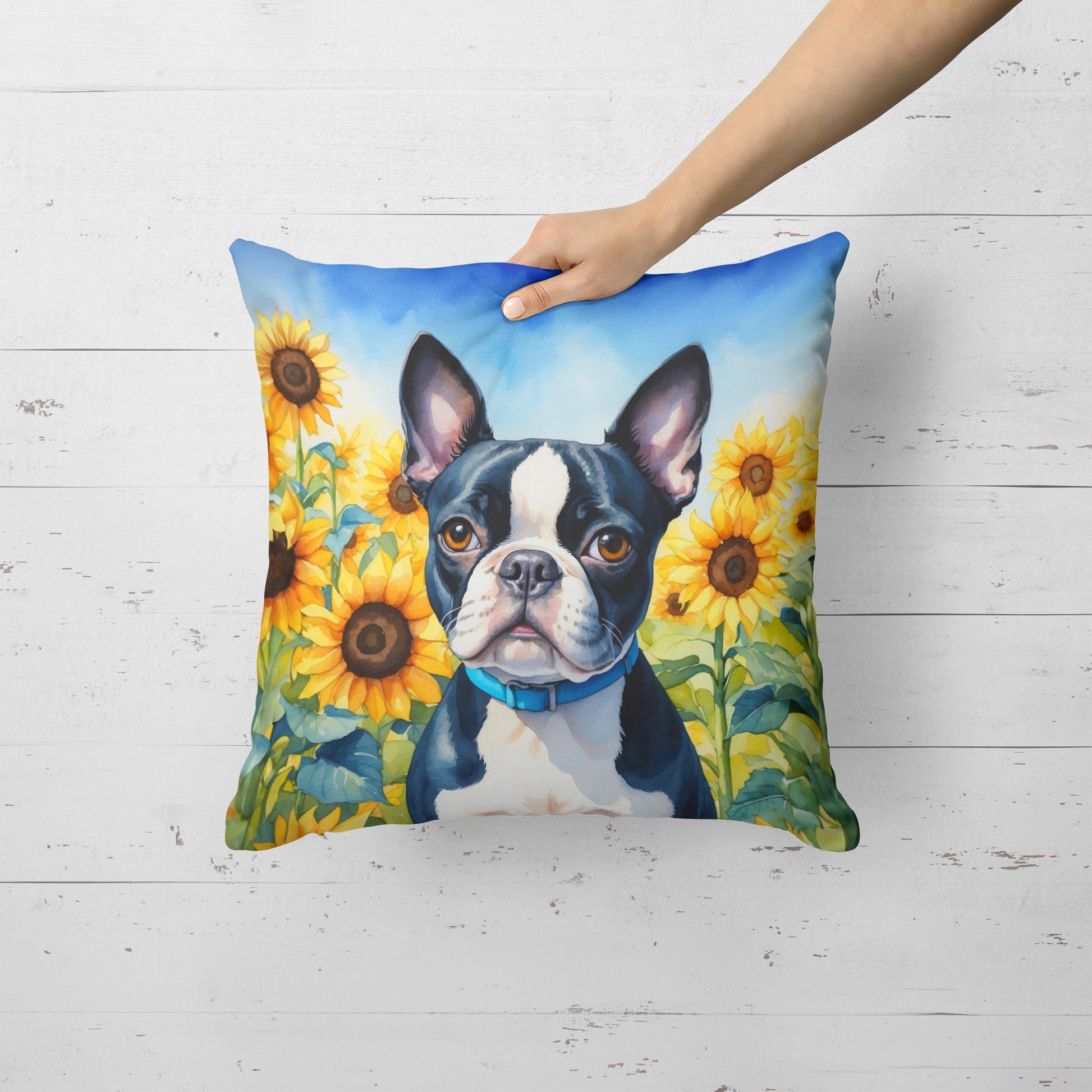 Boston Terrier in Sunflowers Throw Pillow-1