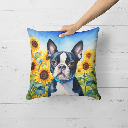 Boston Terrier in Sunflowers Throw Pillow-1