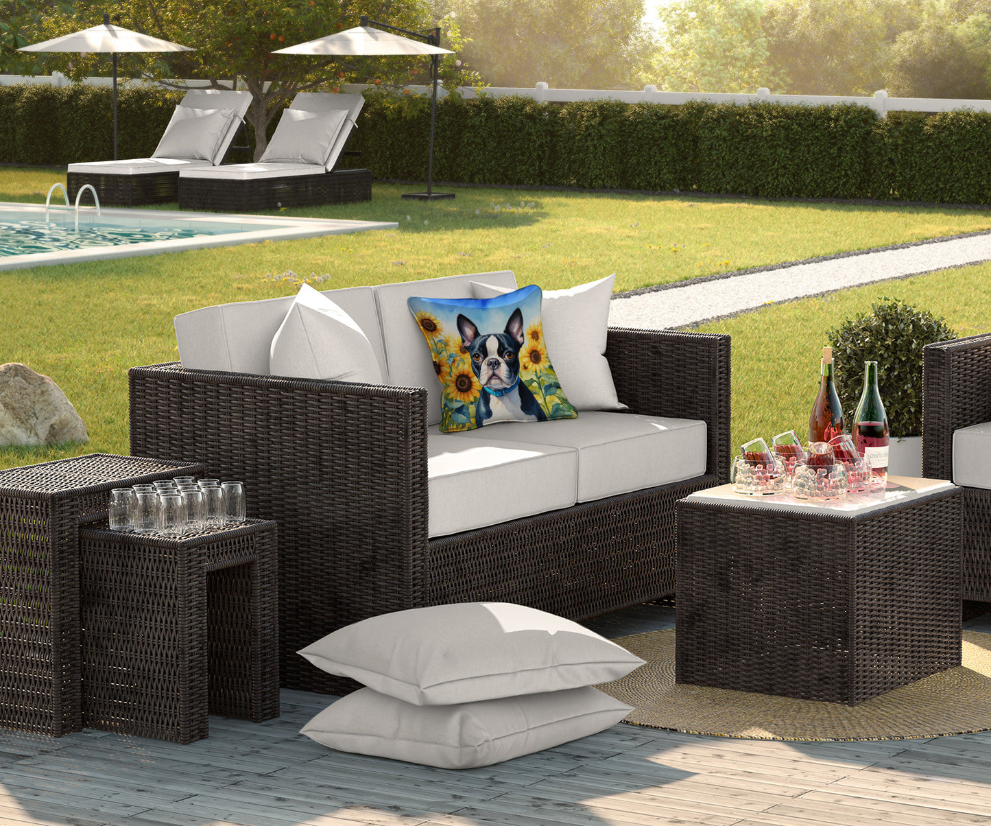 Boston Terrier in Sunflowers Throw Pillow-2