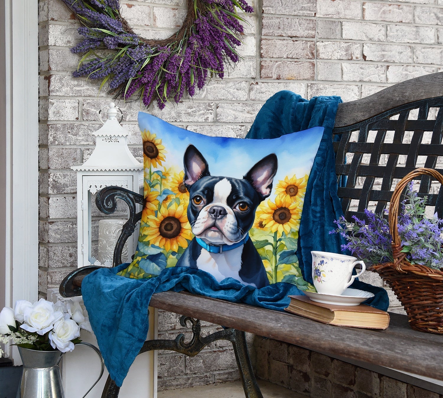 Boston Terrier in Sunflowers Throw Pillow-3