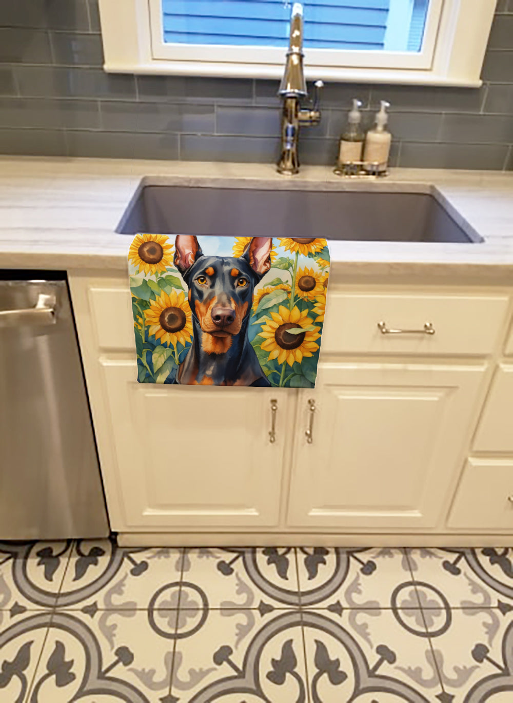 Doberman Pinscher in Sunflowers Kitchen Towel-1