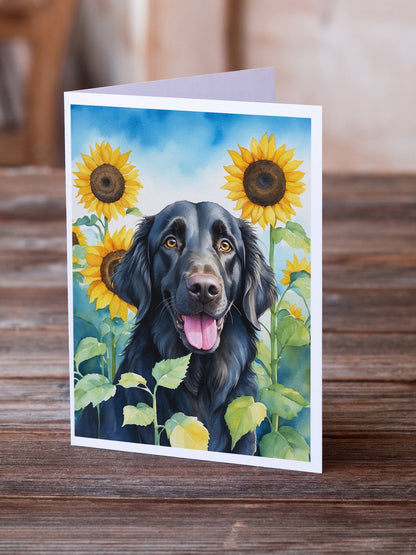 Flat-Coated Retriever in Sunflowers Greeting Cards Pack of 8-1