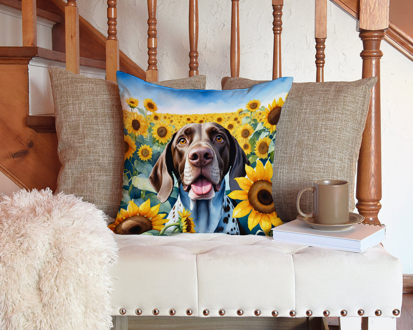 German Shorthaired Pointer in Sunflowers Throw Pillow-2