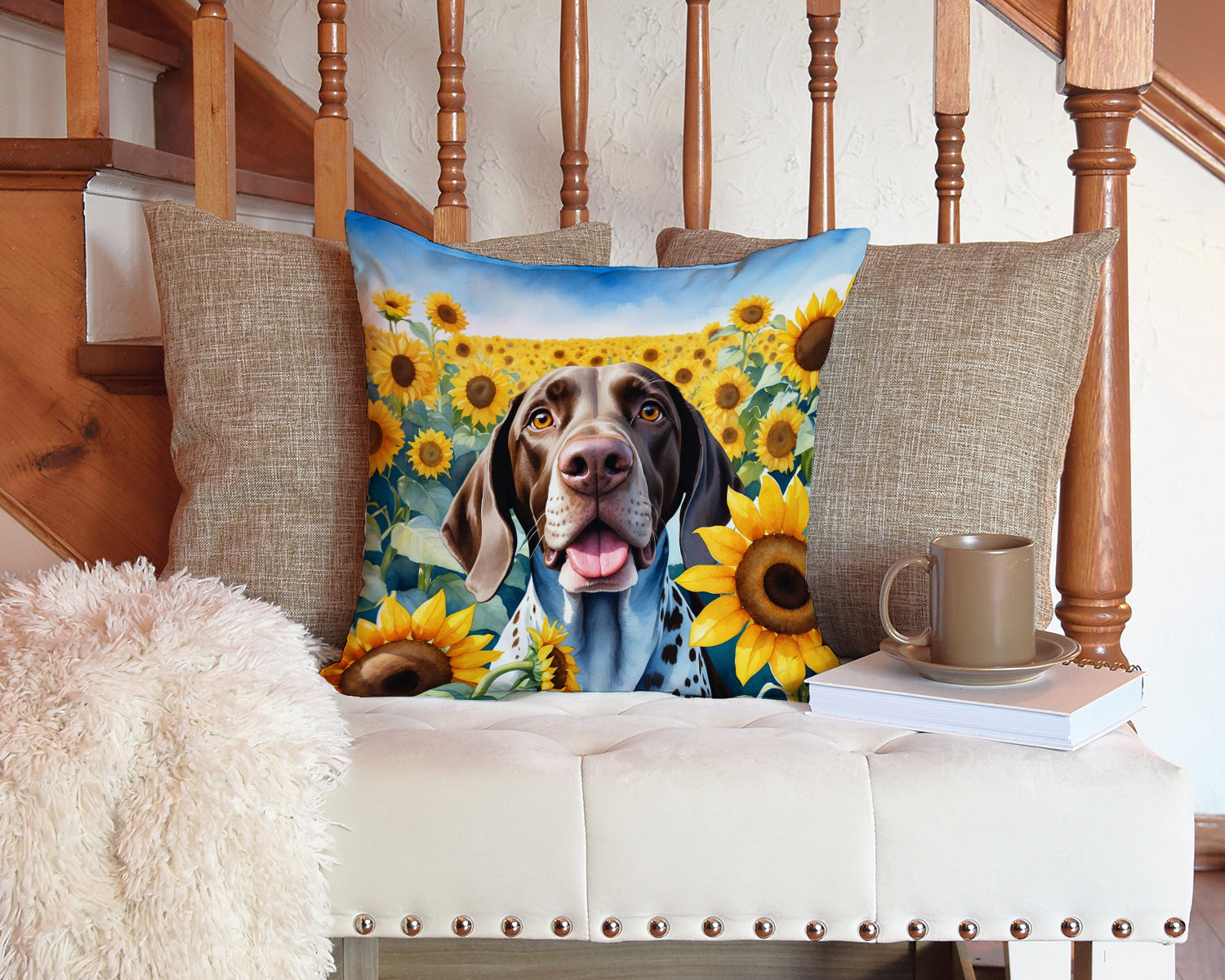 German Shorthaired Pointer in Sunflowers Throw Pillow-2