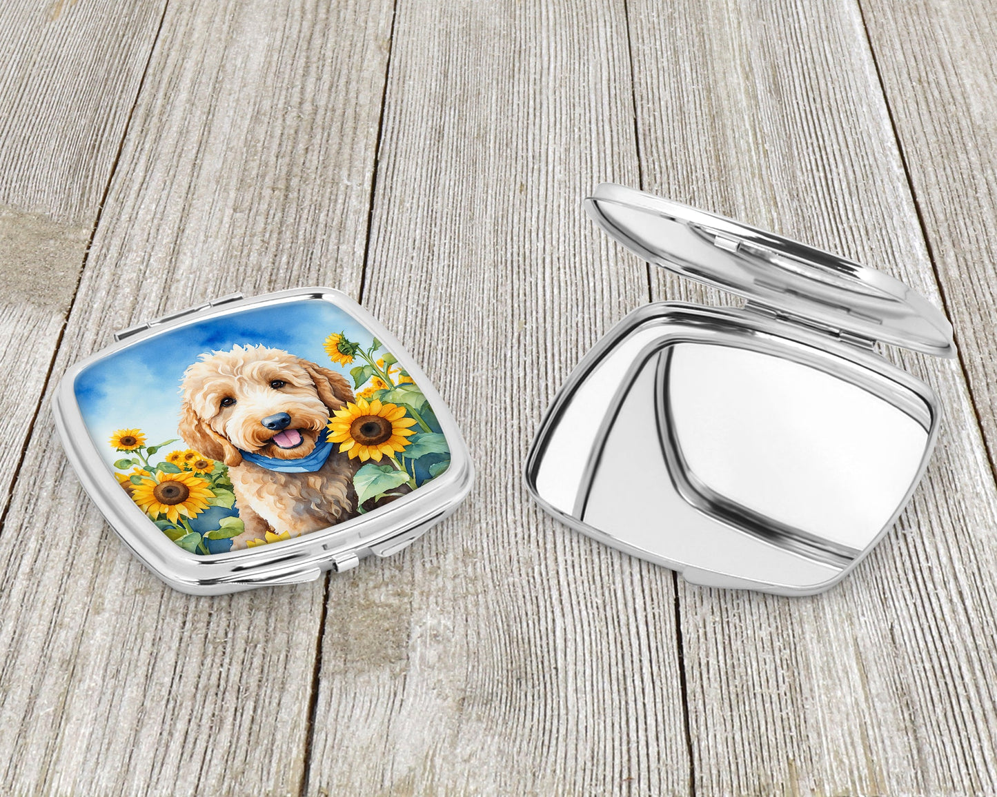 Goldendoodle in Sunflowers Compact Mirror-2