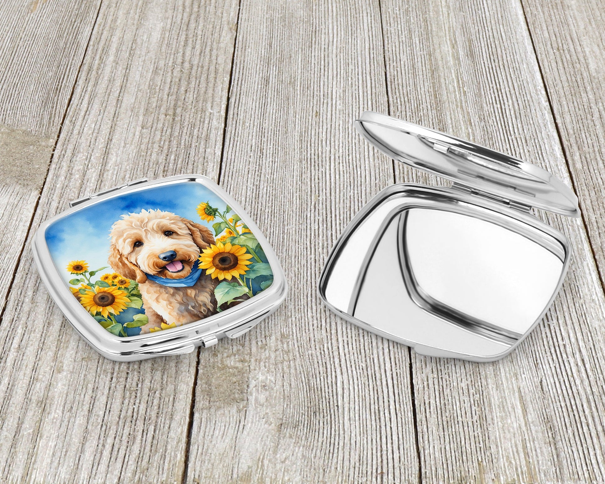 Goldendoodle in Sunflowers Compact Mirror-2