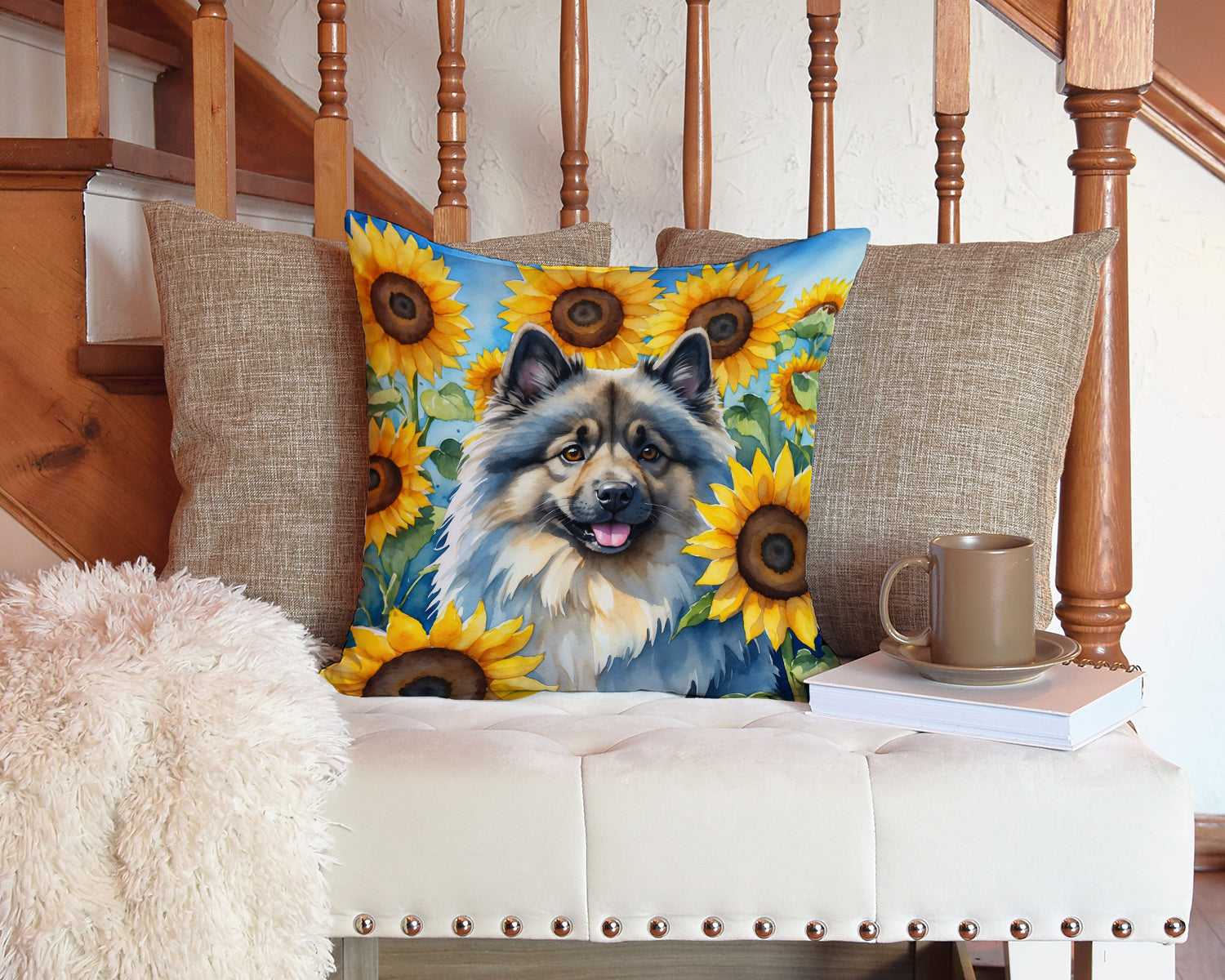 Keeshond in Sunflowers Throw Pillow-2