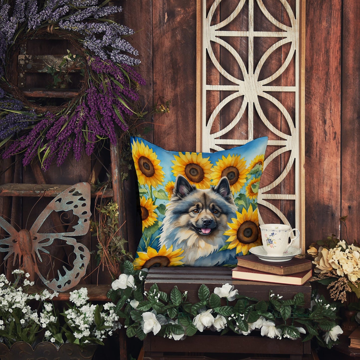 Keeshond in Sunflowers Throw Pillow-4