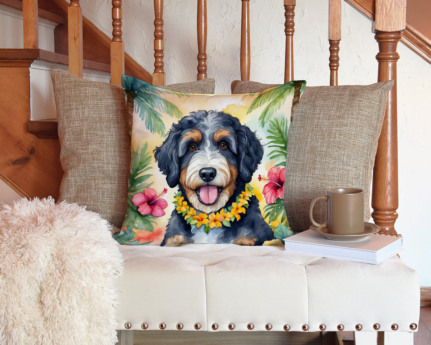 Bernedoodle Luau Throw Pillow-2