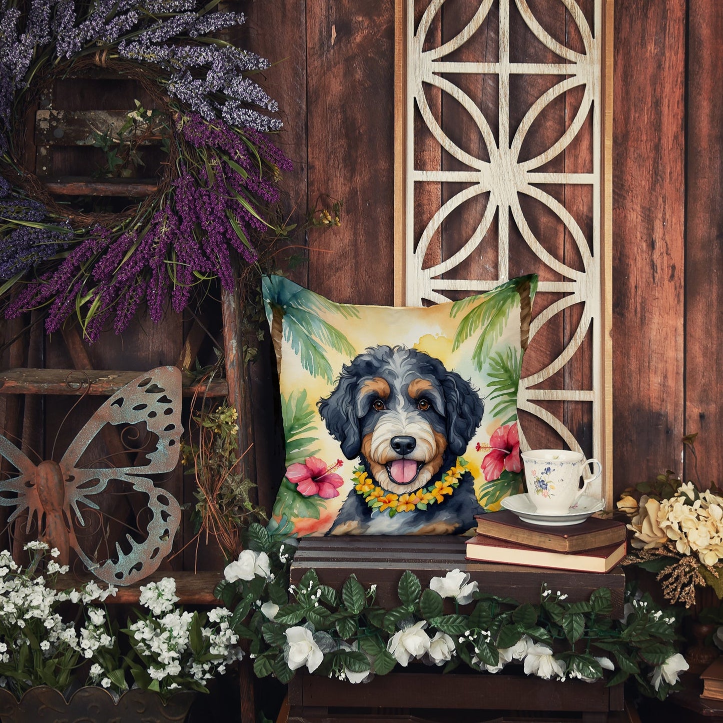 Bernedoodle Luau Throw Pillow-4