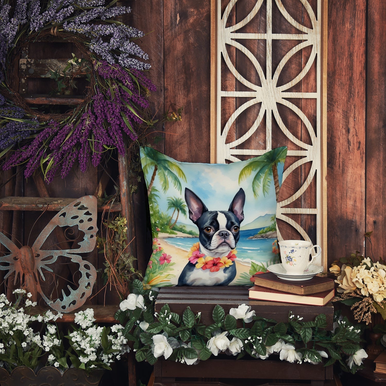 Boston Terrier Luau Throw Pillow-4