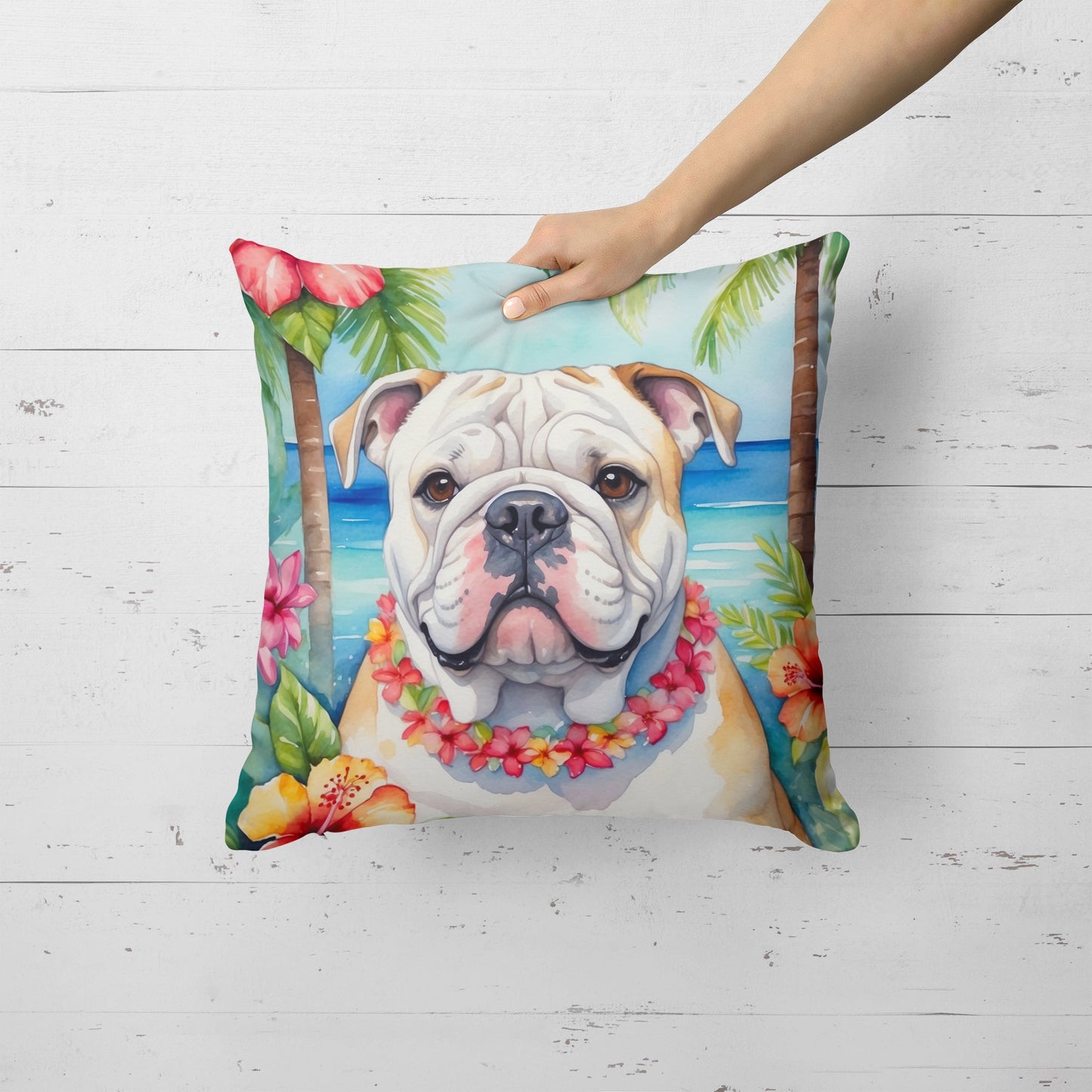 English Bulldog Luau Throw Pillow-1