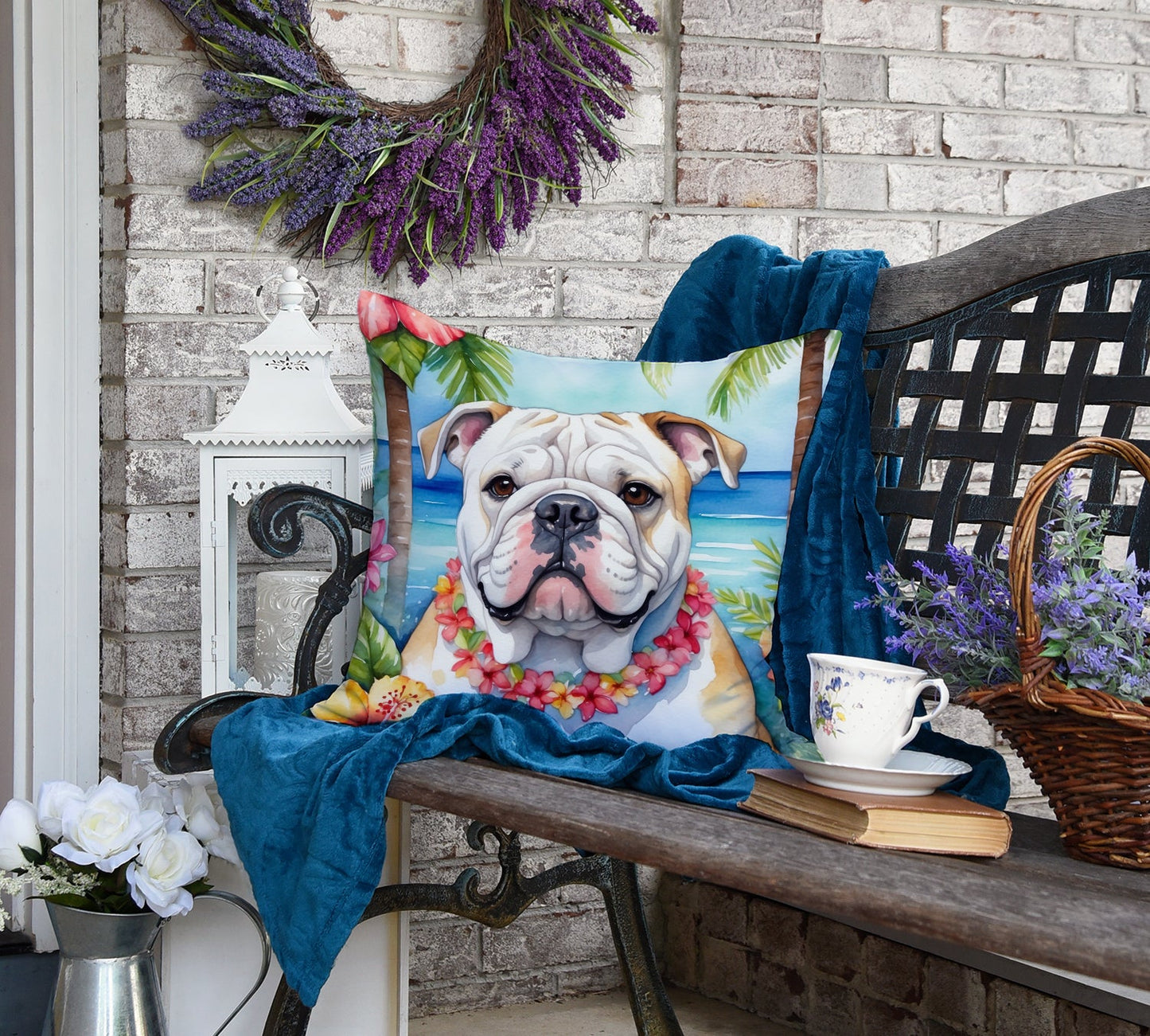 English Bulldog Luau Throw Pillow-3