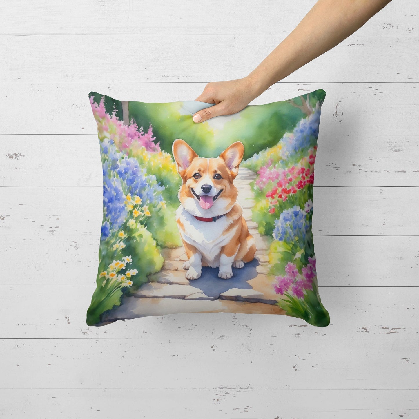 Corgi Spring Path Throw Pillow-1