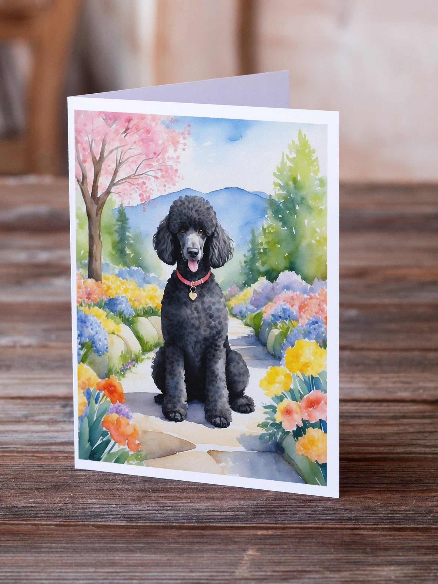 Black Poodle Spring Path Greeting Cards Pack of 8-1