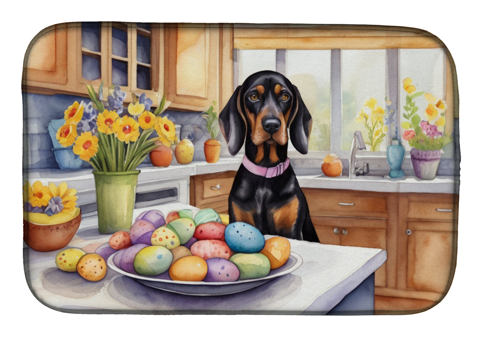 Decorating Easter Black and Tan Coonhound Dish Drying Mat-0